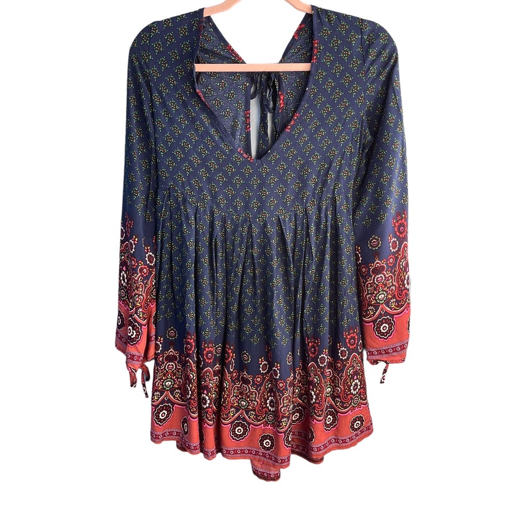 Free People‎ Intimately Navy Red Boho Medallion Babydoll Mini Dress Tie Back